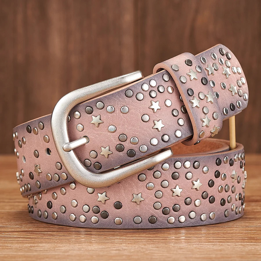 Belts Fashion Women's Rivet Punk Rock Style Male Belt For Lady PU Leather Sequins Metal buckle Wide Star bead 231101