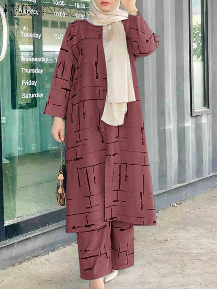 Kaftan Printed Suits Women Matching Sets RUKAS 2023 Casual Muslim Sets Long Sleeve Blouses Pants Turkey Abayas Top Blusas 2PCS