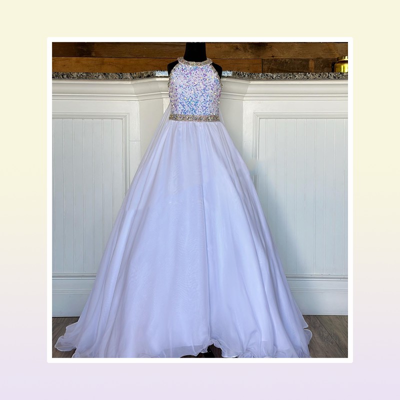 Crystals Girl Pageant Dress with Cape Ballgown AB Stone White Chiffon Little Kid Birthday Formal Party Gown Toddler Teen Pret