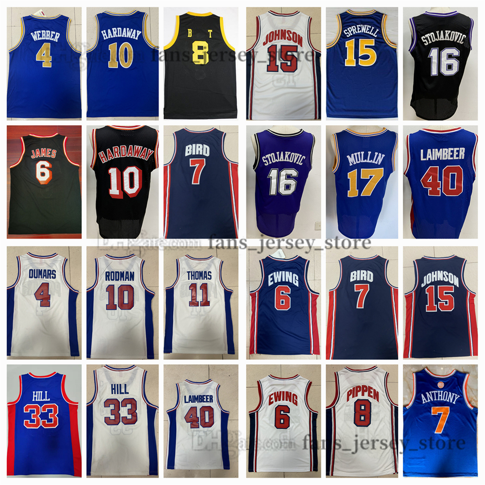 Retro Jerseys Basketball Anthony Ewing Bird Hardaway Johnson Sprewell stojakovic Mullin Laimbeer Robinson Pete Petrovic Dumars Stitched Jersey