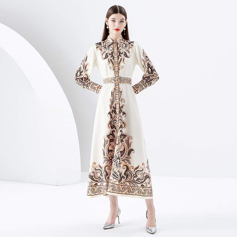 White Paisley Floral Boho Maxi Dress Women Designer Lapel Button Slim Vacation Shirt Dresses with Belt 2023 Spring Autumn Party Runway Long Sleeve Frocks