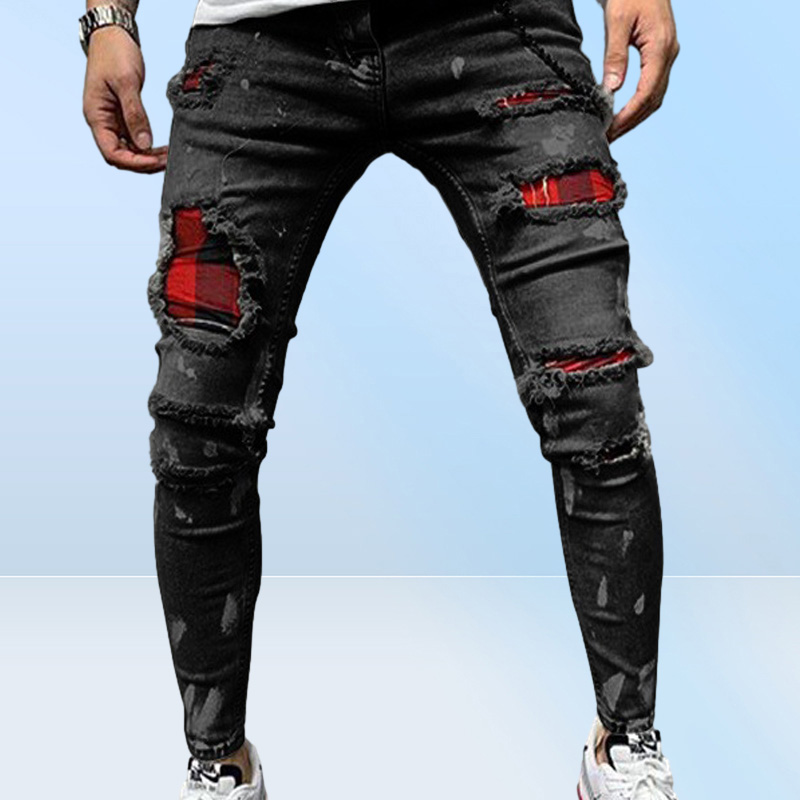 Men Pure Color Grid Jeans Gray Patchwork Designer Hip Hop Pants Slim Fit Elastic Hiphop Style Pencil 2204082648350