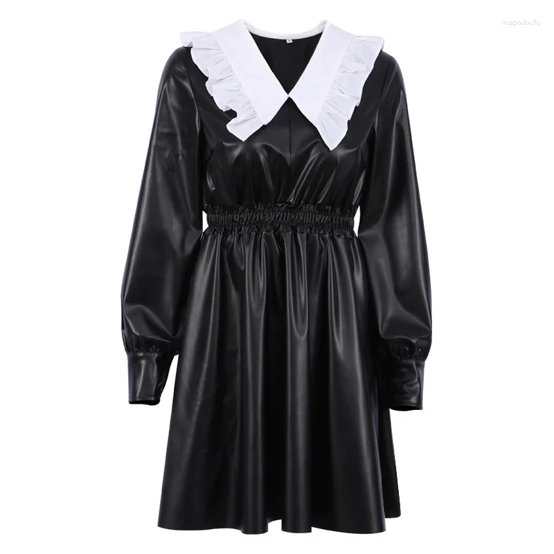 Casual Dresses WAutumn And Winter Korean Pu Leather Skirt Dress Sweet Doll Collar Waist High Long Sleeve Black Punk Street Girl
