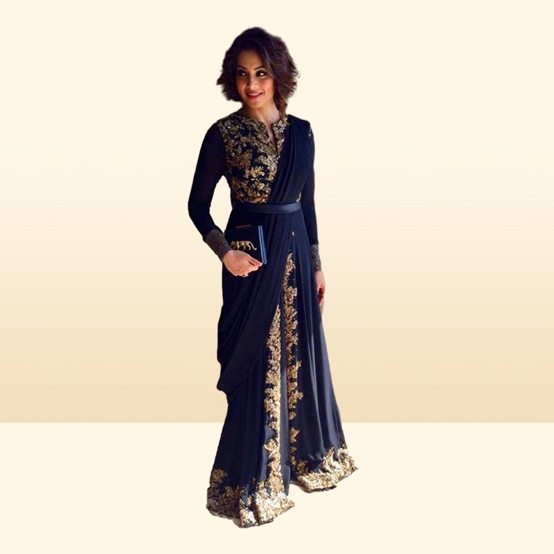Gold Emboridery Applique Beaded Abaya Dubai Chiffon Kaftan Arabic Prom Gown Black Long Sleeve Front Slit Evening Gown