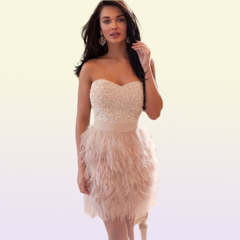 Ostrich Feather Prom Dress Beautiful Pink Sweetheart Beaded Women Wear Special Occasion Dress Evening Party Gown