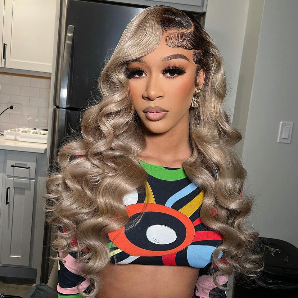 Ombre Blonde 13X4 Transparent Lace Front Human Hair Wig Brown Root Glueless Body Wave Ash Blonde Synthetic Closure Wig Pre Plucked