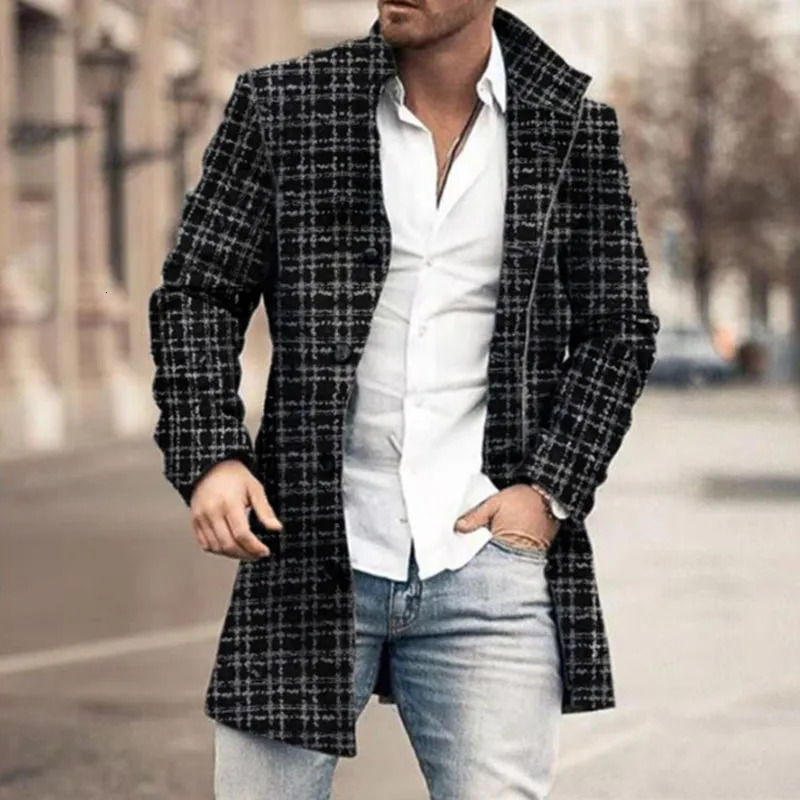 Men's Wool Blends Vintage Plaid Printed Jacket Coat Men Fall Winter Fashion Single Breasted Lapel Jackets Classic Slim Long Sleeve Outerwear 2311