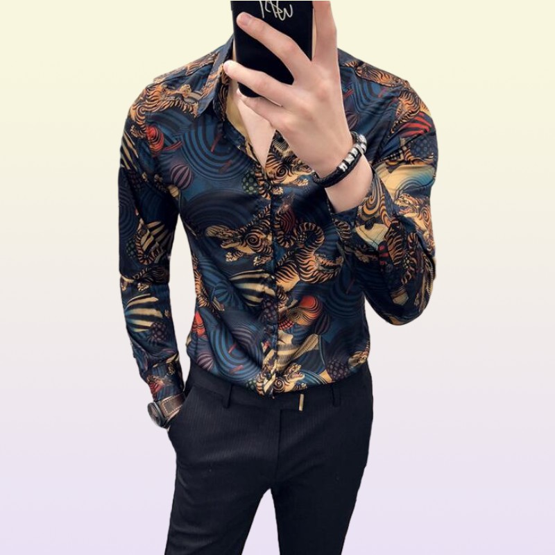 Gauges Animal Printed Dress Shirts Men Slim Fit Camisa Social Masculina Long Sleeve Shirt Fashion Mens Clothes Mauchley