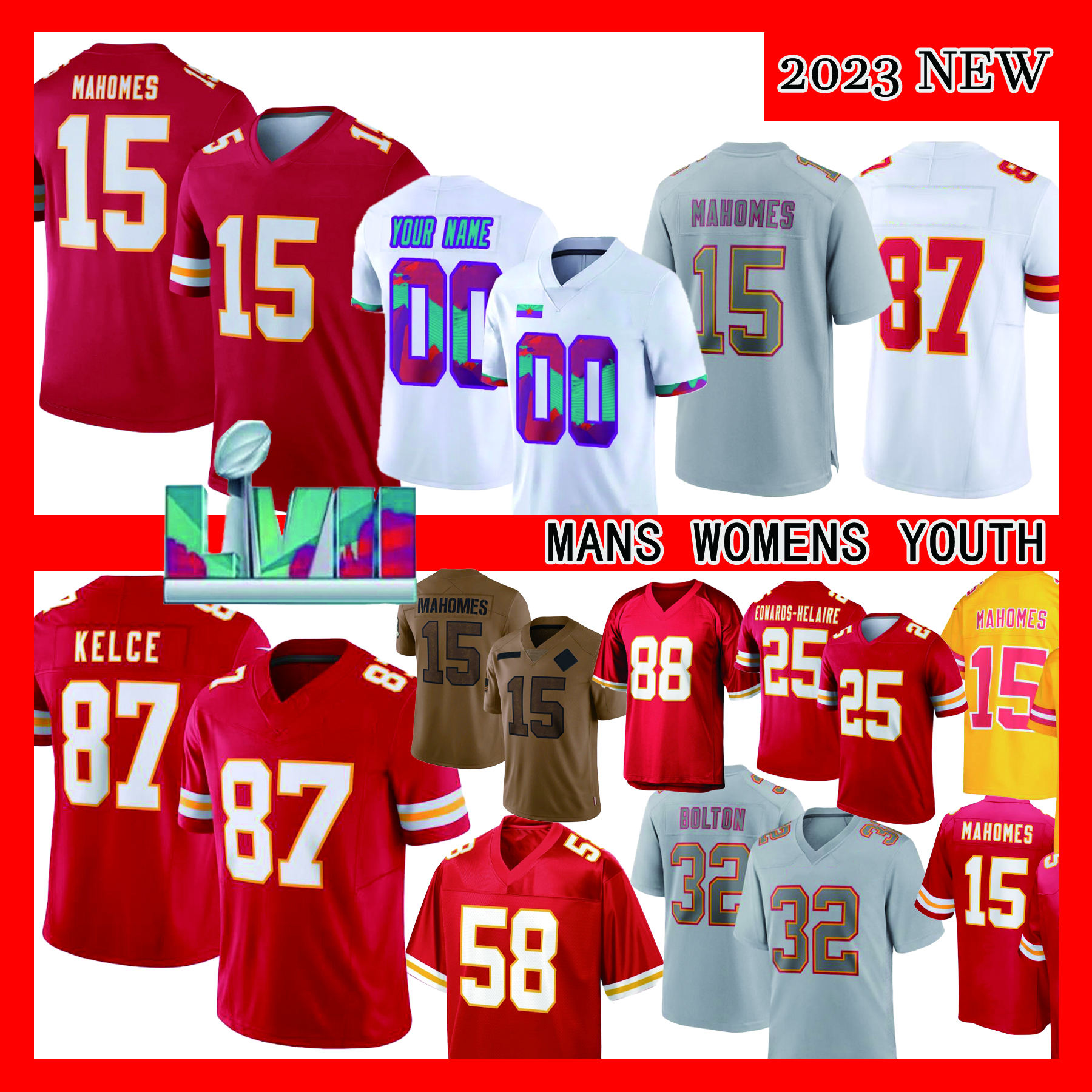 Patrick Mahomes Travis Kelce Isiah Pacheco Football Jersey Rashee Rice Nick Bolton Kadarius Toney Creed Humphrey Chris Jones Felix Anudike-Uzomah Mens 4XL