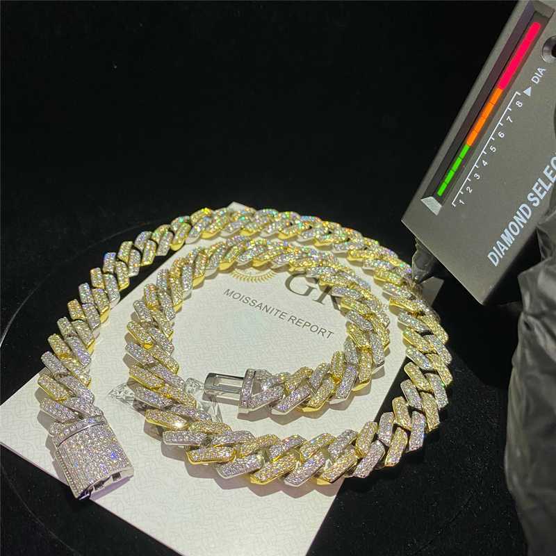 Passed the 100% dia test14mm Two Tone Vvs Necklace Sterling Sier Hip Hop Jewelry Moissanite Dia Cuban Link Chain
