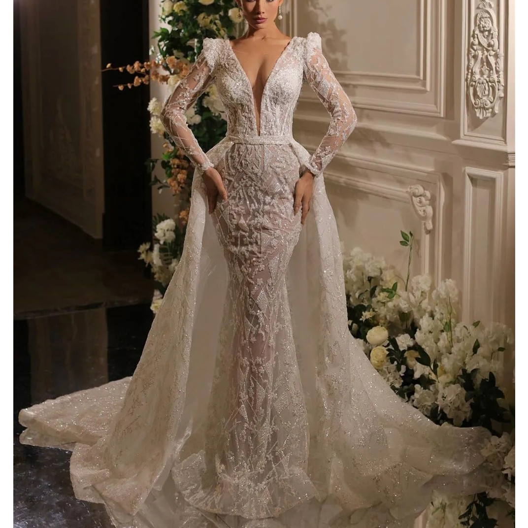 Long Sleeves Mermaid Wedding Dresses V Neck Lace Beaded Bridal Gowns Detachable Train Plus Size