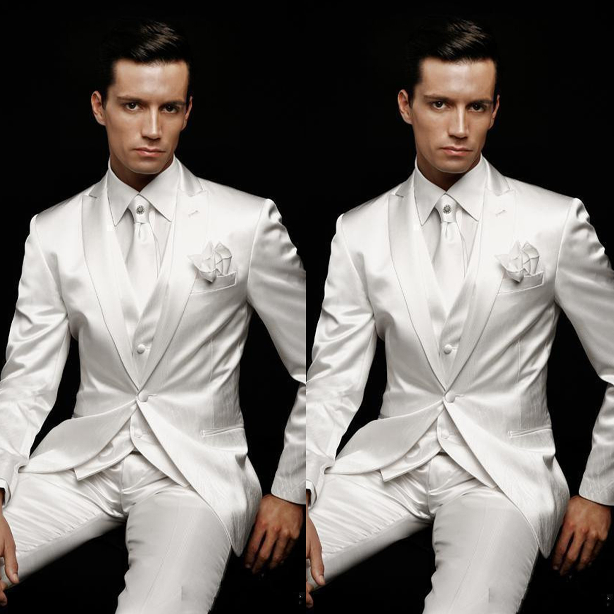 Two Pieces Wedding Tuxedos Men Suits Handsome Soft Satin Peaked Lapel Suit One Button Three Packets Customized Pockets Multi-scenario Coat Pants Sprin