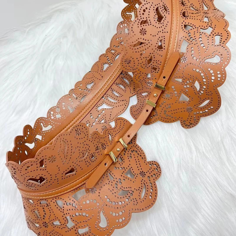 Belts Openwork carved waistband bohemian leather wide belt dress tunic with geometric trim 231101