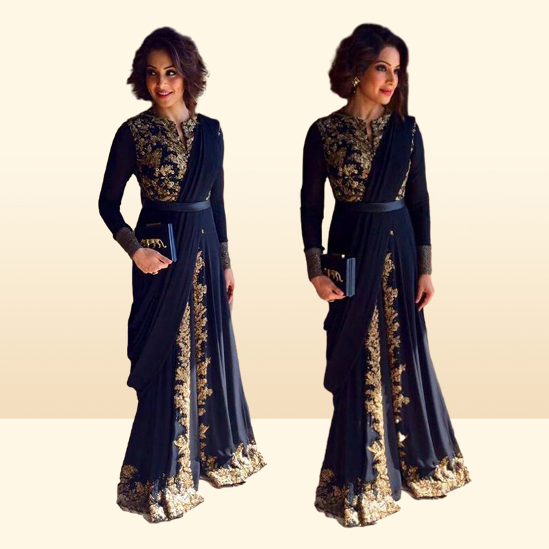 Gold Emboridery Applique Beaded Abaya Dubai Chiffon Kaftan Arabic Prom Gown Black Long Sleeve Front Slit Evening Gown