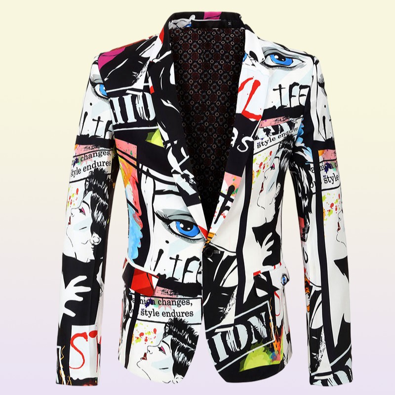 Mens Fashion Jacket Casual Color Printed Suit Coat Trend Jackets with Different Characters Menfolk Outerwear