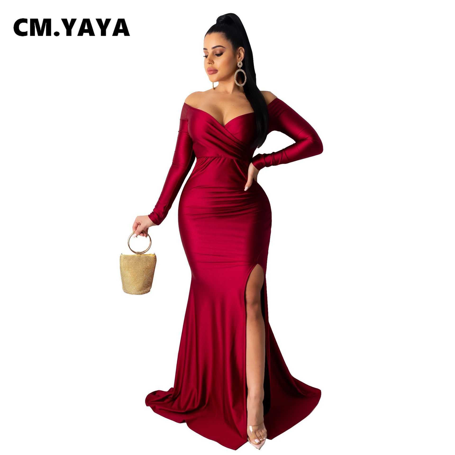 RUKAS Autumn Winter Women Off Shoulder Plunging V-neck High Side Split Mermaid Maxi Dress Sexy Night Party Club Long Dresses