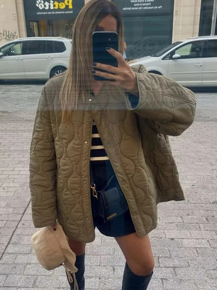 Women's Jackets Winter Solid Quilted For Women Oneck Single Breasted Loose Pocket Coat Female Casual Office Street Cotton Outerwear 231101