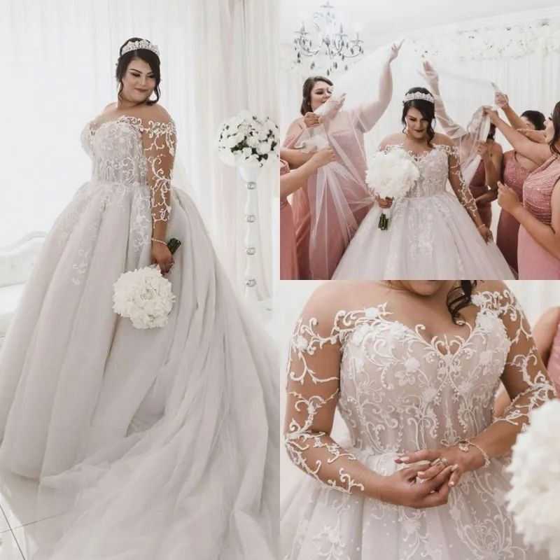 Plus Size Wedding Dresses Long Sleeves Vestido Bridal Gowns Lace Appliqued Tulle Court Train Garden Wedding Dress Robes De Mariee