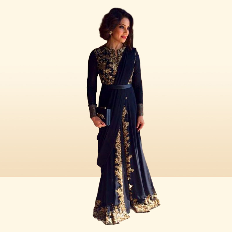 Gold Emboridery Applique Beaded Abaya Dubai Chiffon Kaftan Arabic Prom Gown Black Long Sleeve Front Slit Evening Gown
