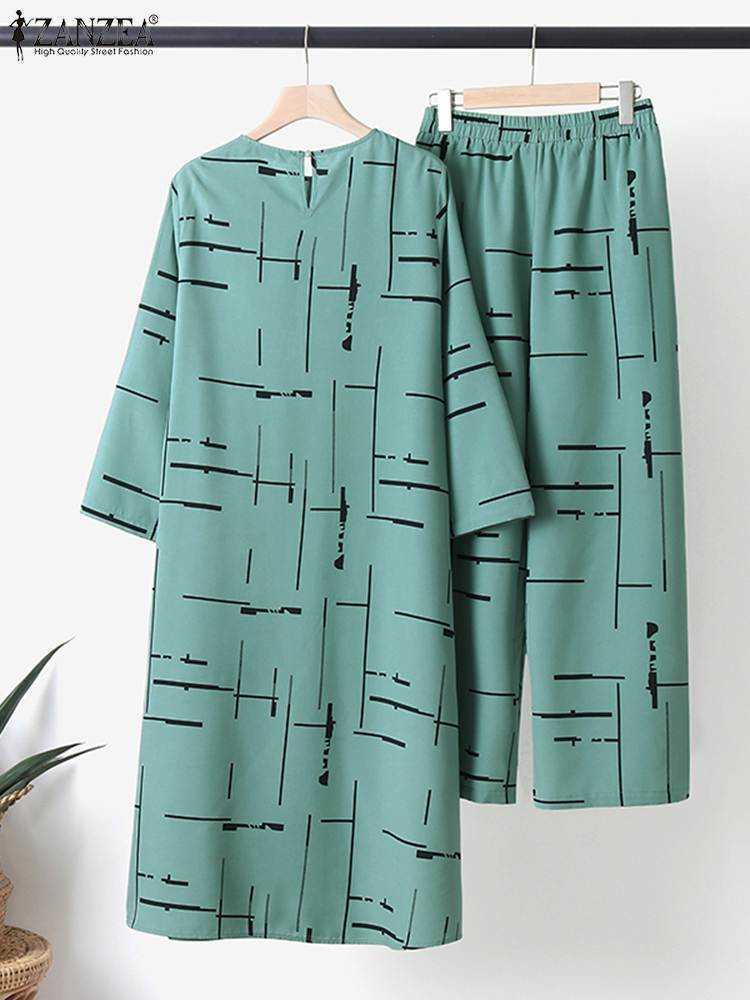 Kaftan Printed Suits Women Matching Sets RUKAS 2023 Casual Muslim Sets Long Sleeve Blouses Pants Turkey Abayas Top Blusas 2PCS