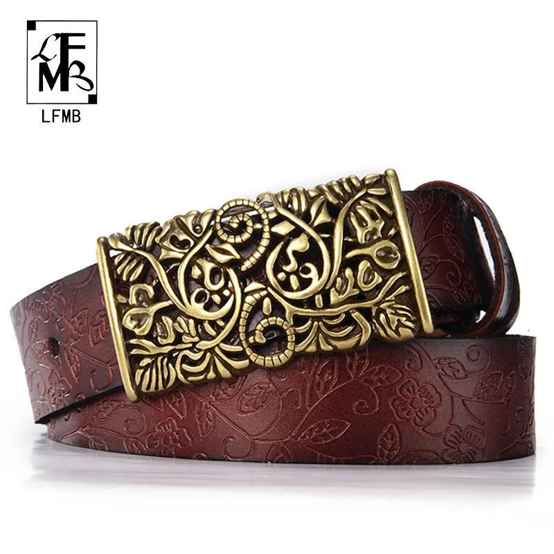 Belts LFMBBelt For Women Waistband Cowskin Leather Lady Belt Vintage Pin Buckle Hollow Flower Fashion Woman Jeans Girdle Female 231101