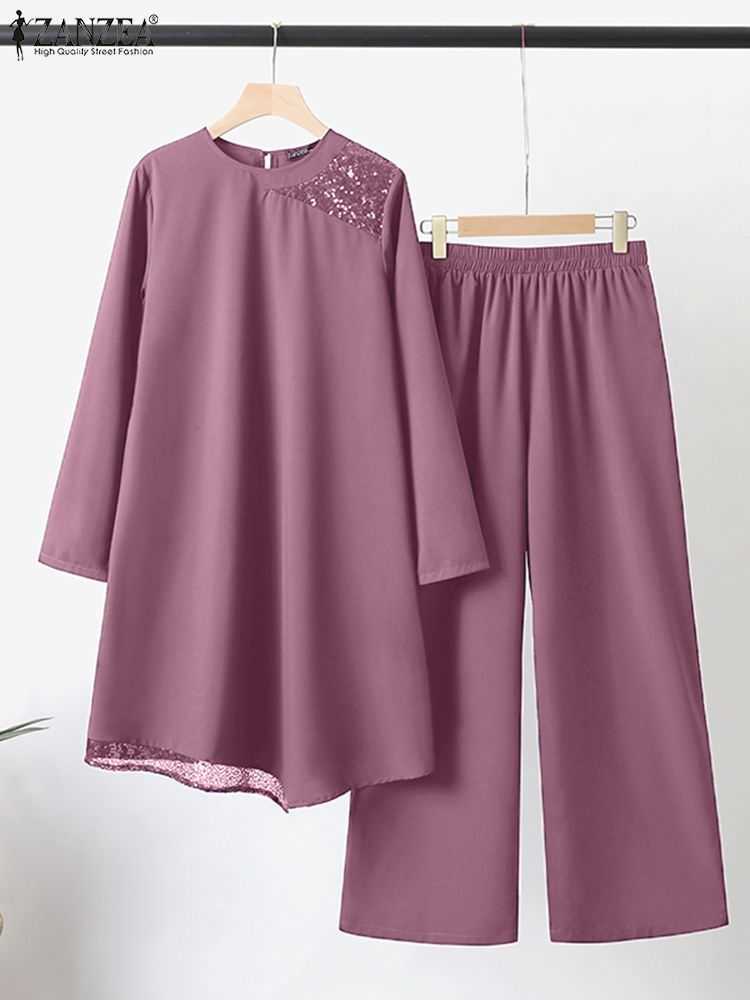 2023 RUKAS Turkey Ramadan Muslim Set Women Fashion Long Sleeve Bead Splicing Blouse Wide Leg Pant Vintage Casual Elegant Suit