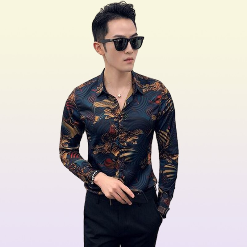 Gauges Animal Printed Dress Shirts Men Slim Fit Camisa Social Masculina Long Sleeve Shirt Fashion Mens Clothes Mauchley