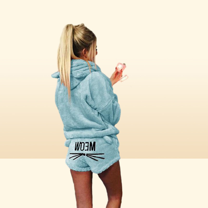 Women Winter Short Pajamas Hooded Designer Pyjama Set Hoodie Cat Print Shorts Pants Outfits Causal Pajamas Clothes Sets Home Cloth6729735