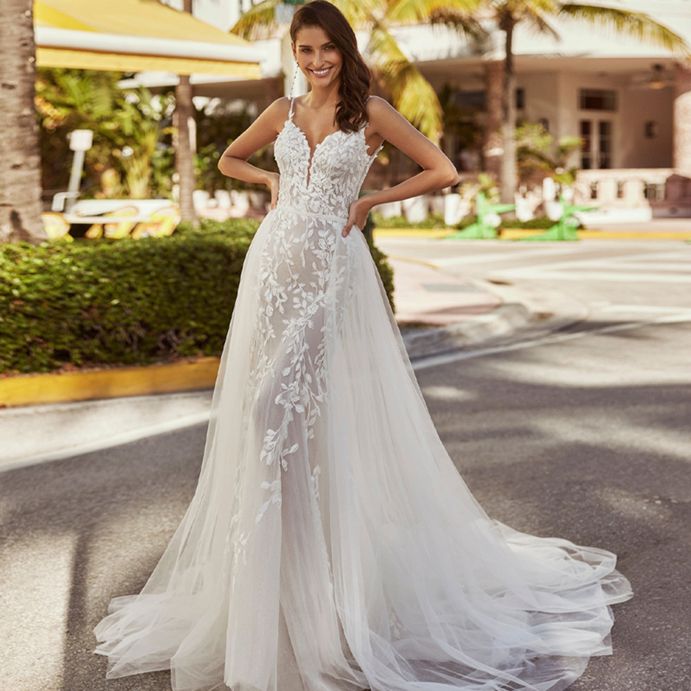Sexy Illusion Mermaid Wedding Bridal Dresses Spaghetti Strap Lace Appliques Wedding Gown with Detachable Train Backless