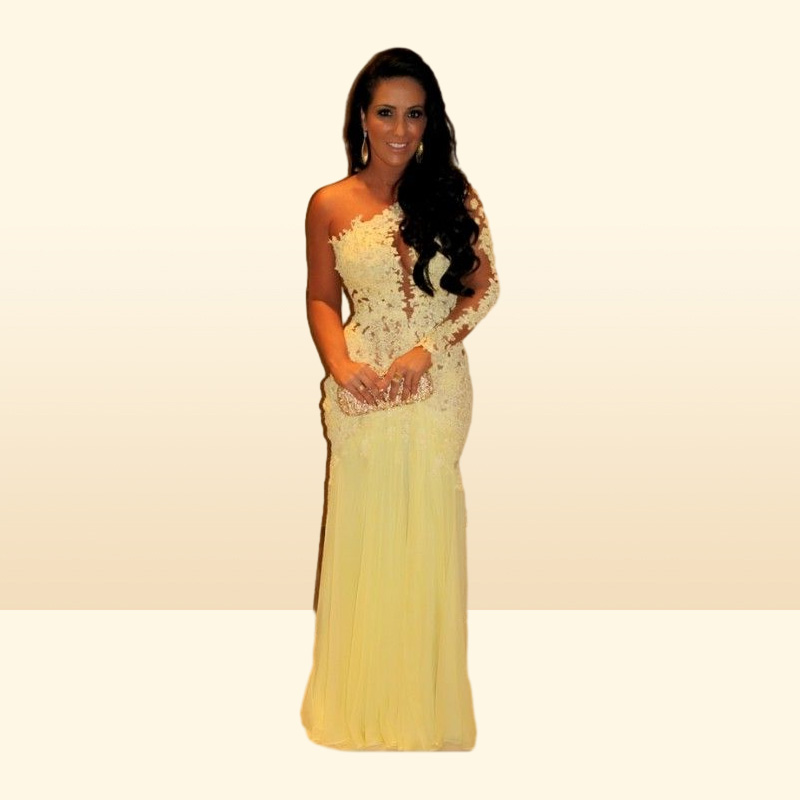 Oscar Yellow Mermaid Lace Long Sleeve Prom Dresses Sheer Chiffon Evening Gowns Long Celebrity Red Carpet Dresses One Shoulder Neck