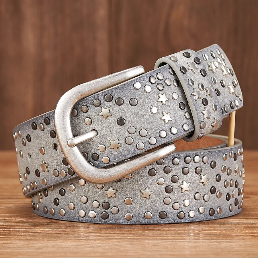 Belts Fashion Women's Rivet Punk Rock Style Male Belt For Lady PU Leather Sequins Metal buckle Wide Star bead 231101