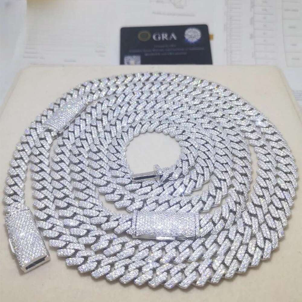 fashion bracelet pass dia hip hop jewelry vvs stone Shiny 2row womens 14mm sterling sier necklace moissanite cuban chain link