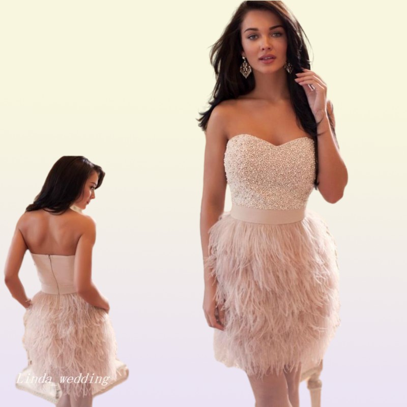 Ostrich Feather Prom Dress Beautiful Pink Sweetheart Beaded Women Wear Special Occasion Dress Evening Party Gown