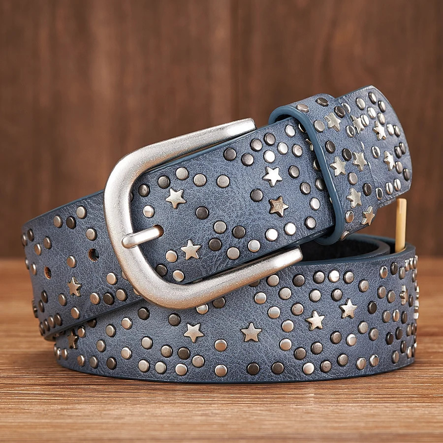 Belts Fashion Women's Rivet Punk Rock Style Male Belt For Lady PU Leather Sequins Metal Buckle Wide Star Bead 231101