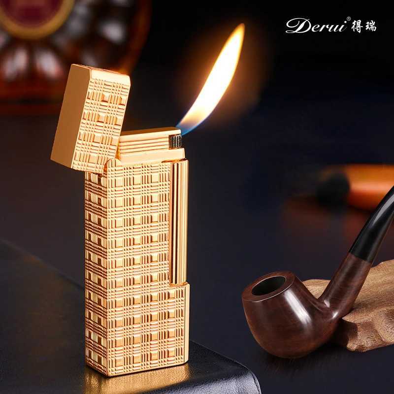 Lighters Derui 3026 Narrow Version Retro Inflatable Grinding Wheel Lighter Side Sliding Ignition 45° Oblique Fire Pipe Men's Gift