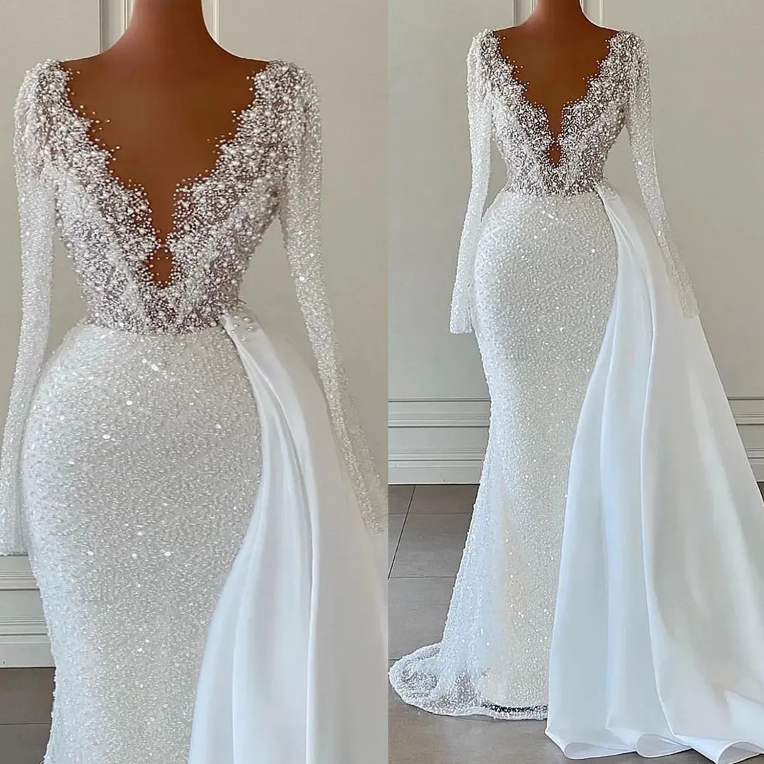 Luxurious Arabic Sequined Lace Mermaid Wedding Dress Sexy V Neck Long Sleeves Beaded Pearls Aso Ebi Bridal