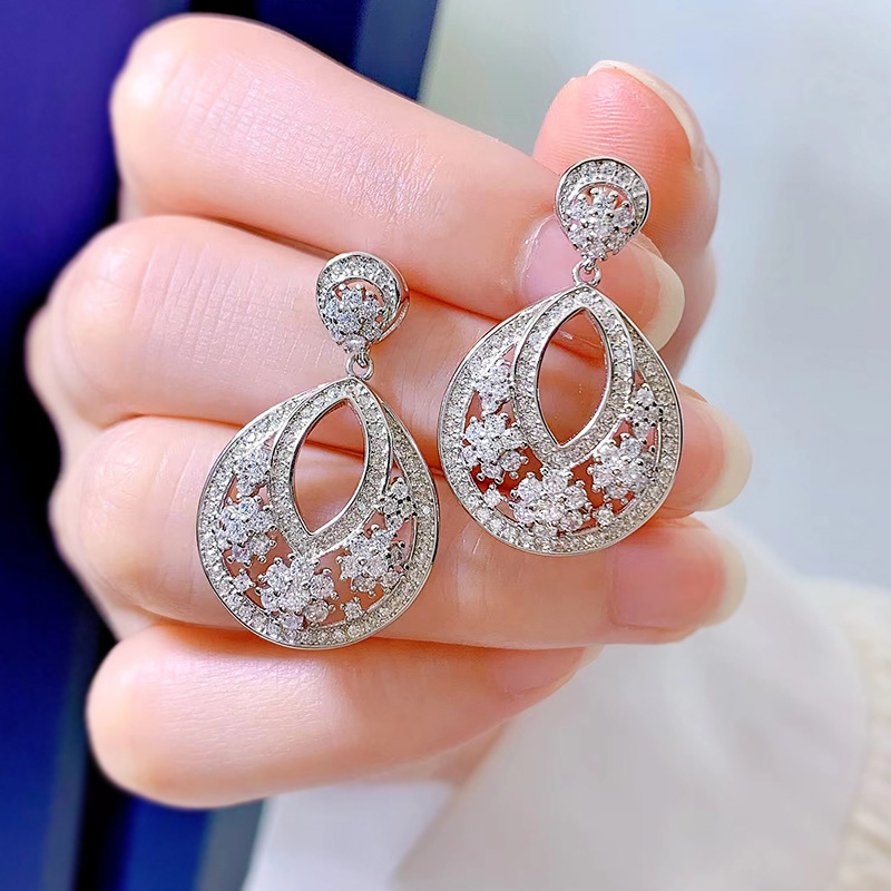 Hollow Flower Diamond Dangle Earring 100% Real 925 sterling silver Wedding Drop Earrings for Women Promise Engagement Jewelry