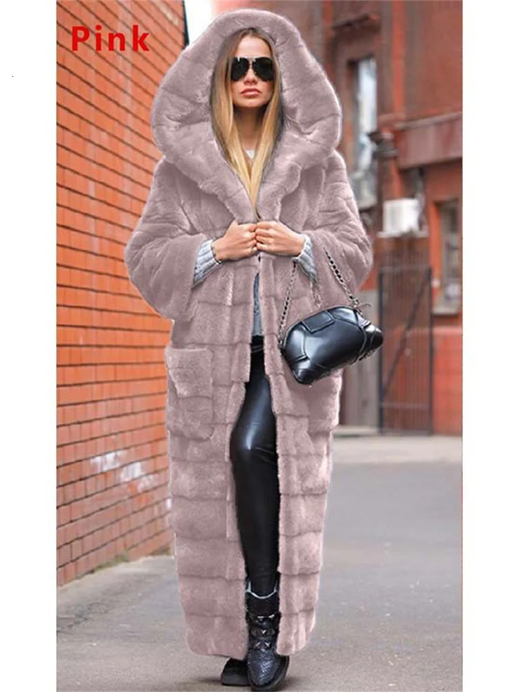 Women's Fur Faux Fur Coat Women Black S-5XL Long Thick Warmth Hooded Mink Fur Jacket Autumn Winter Fashion Pink Streetwear Overcoat Clothing 2311