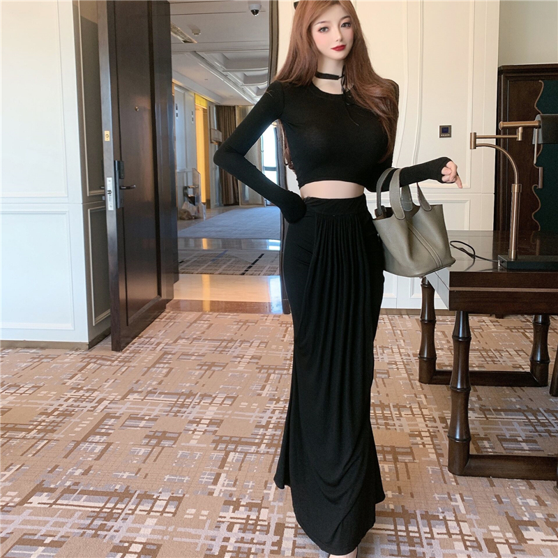 Womens o-neck long sleeve crop top and maxi long skirt 2 piece dress suit twinset SML