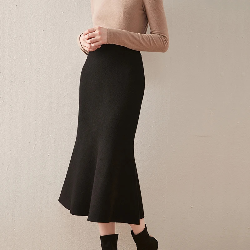 Skirts Cashmere Knee Length Skirt Women AutumnWinter 100% Pure Wool Skirt Casual Fashion Fishtail Skirt Fit Warm High Waist Dress 231101