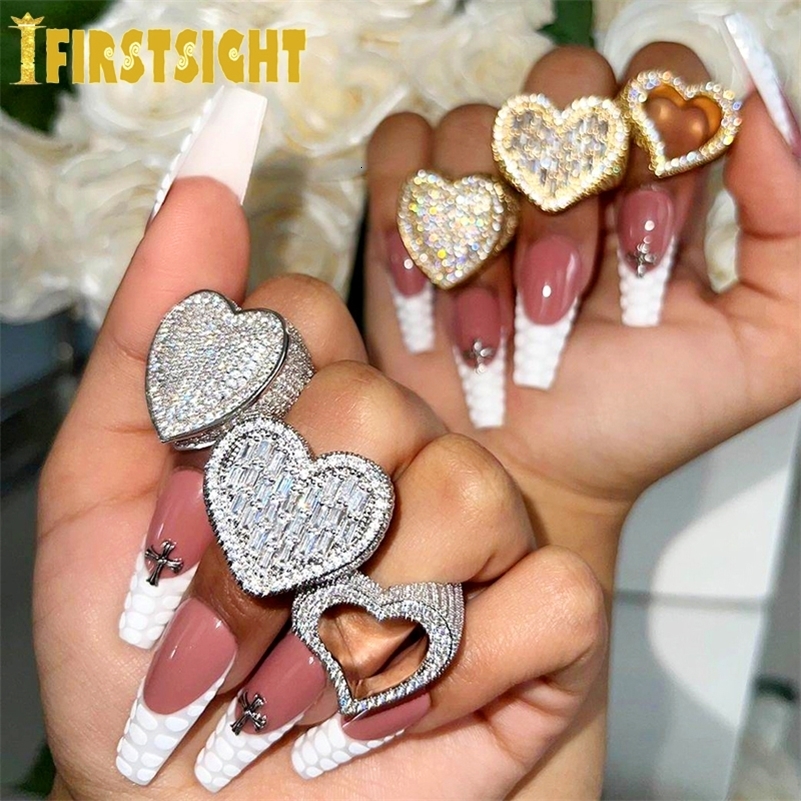 Wedding Rings Full Iced Out Bling Hollow Heart Ring Gold Silver Color 5A CZ Micro Pave Cubic Zircon Hip Hop Punk Men Women Jewelry 231101