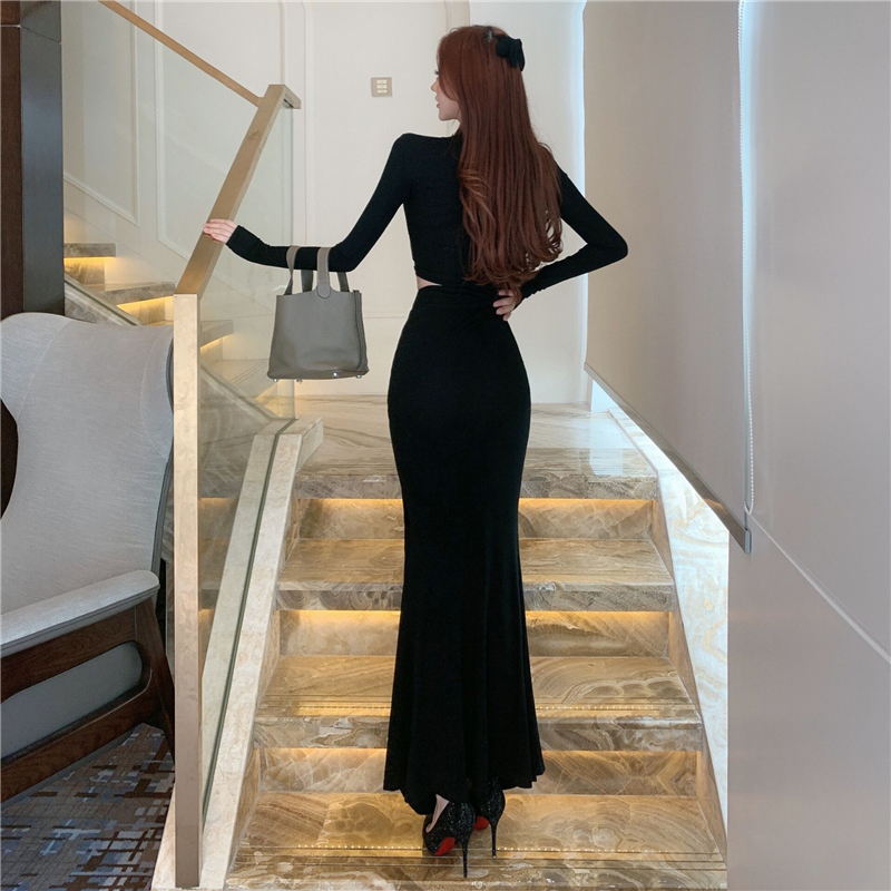 Womens o-neck long sleeve crop top and maxi long skirt 2 piece dress suit twinset SML