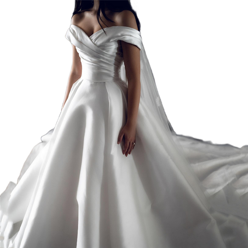Elegant White Satin A-Line Wedding Dresses Off The Shoulder Simple Long Bridal Gowns Pleats Garden Beach Robe De Mariage Vestido Novia 2026