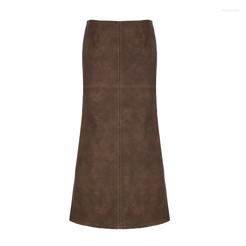 Skirts Clinkly American Retro PU Leather Skirt For Women 2023 Low Waisted Autumn Vintage Straight Trumpet Long Fashion 90s