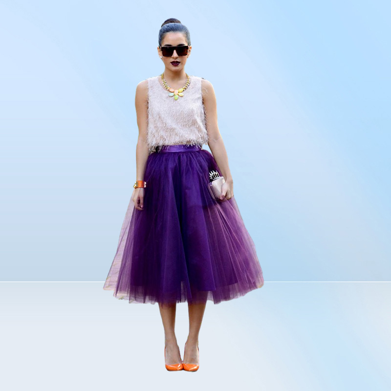 Fashion Regency Purple Tulle Skirts For Women Midi Length High Waist Puffy Formal Party Skirts Tutu Adult Skirts