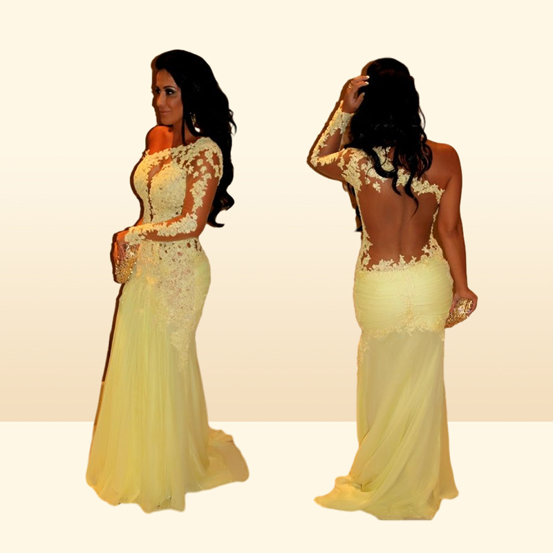 Oscar Yellow Mermaid Lace Long Sleeve Prom Dresses Sheer Chiffon Evening Gowns Long Celebrity Red Carpet Dresses One Shoulder Neck