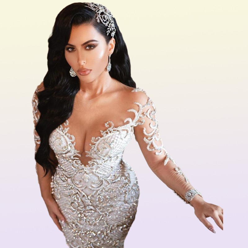 Luxurious Arabic Mermaid Wedding Dresses Dubai Sparkly Crystals Long Sleeves Bridal Gowns Court Train Tulle Skirt robes de ma