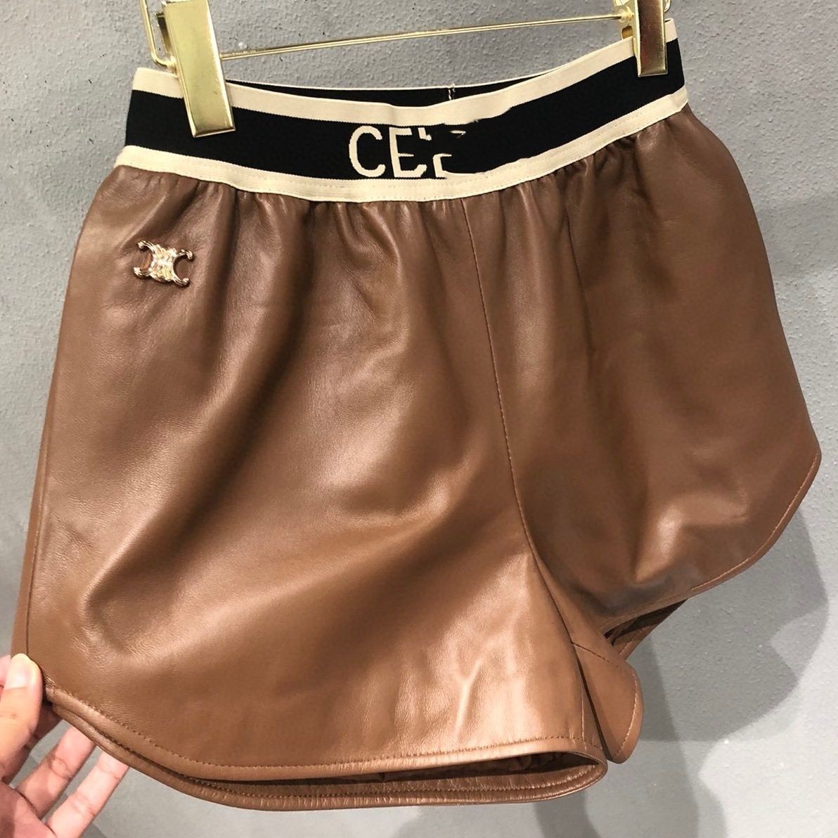 Womens print elastiic waist PU leather shorts SML