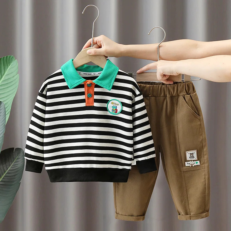 Clothing Sets Autumn Children Boy 2PCS Set Sticker Spliced Striped Polo Shirt Elastic Waist Cargo Pant Baby Outfits Kid Suits 231102