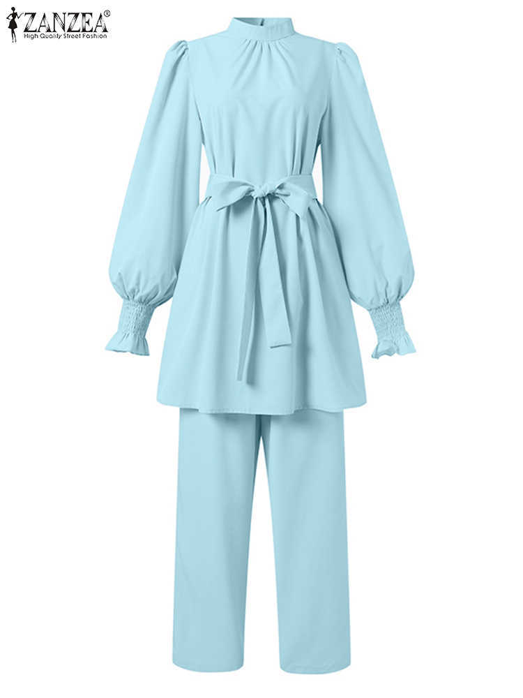 RUKAS 2PCS Women Long Sleeve Blouse Pants Sets Elegant Casual Dubai Outfits Islamic Clothes Solid Urban Tracksuit Muslim Sets